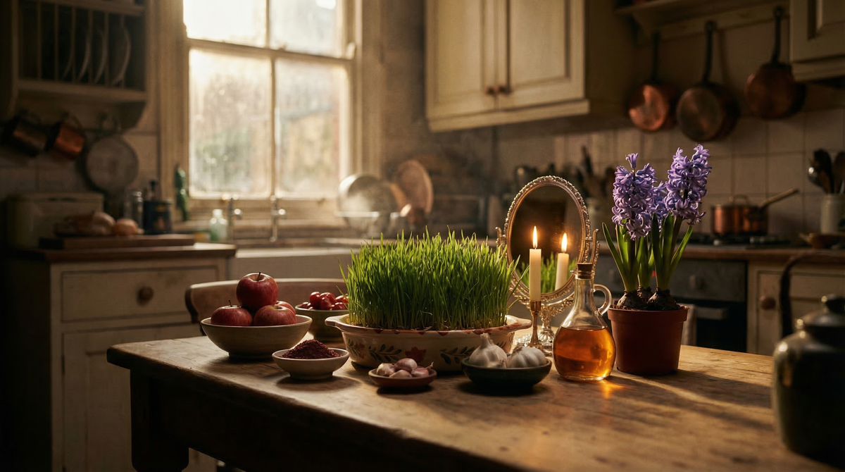 A Haft-Sin table set for Nowruz in a Birmingham kitchen, with wheat sprouts, apples, and candlelight